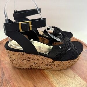 Alicia Leon Black Braided Platform Wedge Size 6 Sandals Cork Heel LIGHT WEIGHT